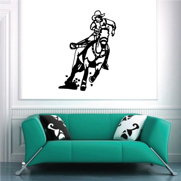 Black cowboy on horseback vinyl wall decal, large