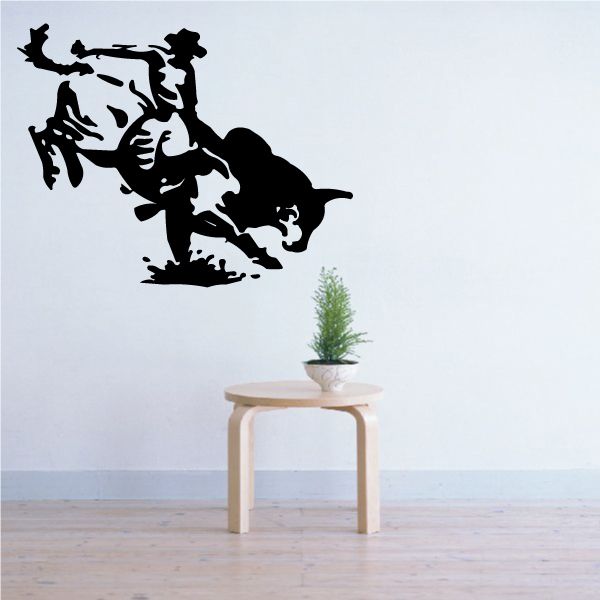Cowboy vinyl wall decal, black silhouette of rider on horse