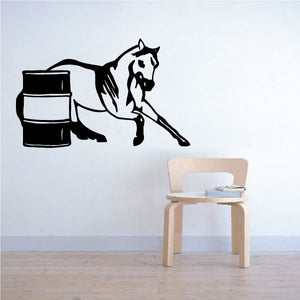 Black-and-white cowboy horse with rope and two barrels vinyl wall decal