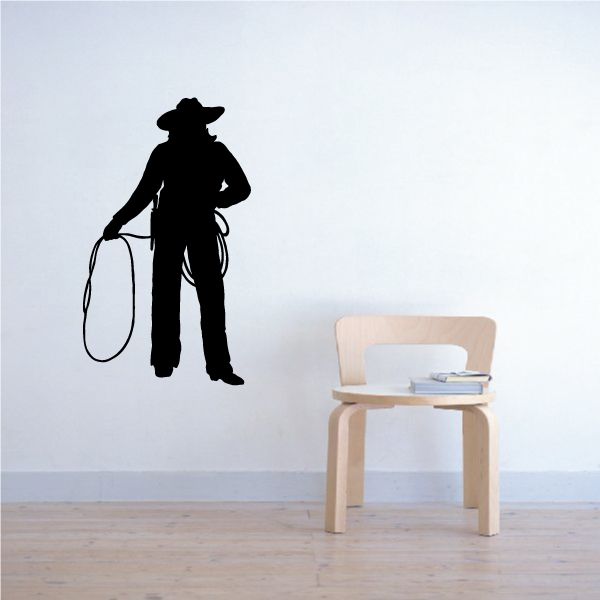 Cowboy silhouette wall decal, black vinyl rider holding lasso rope