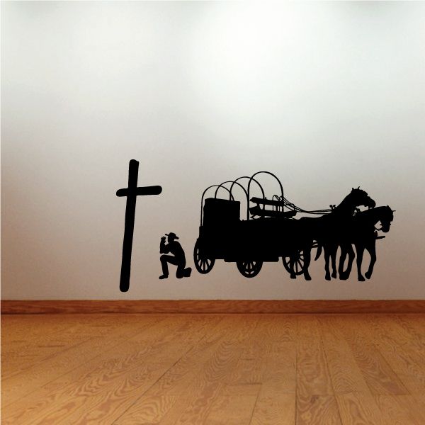 Black silhouette wall decal with cross, praying cowboy, horse and carriage