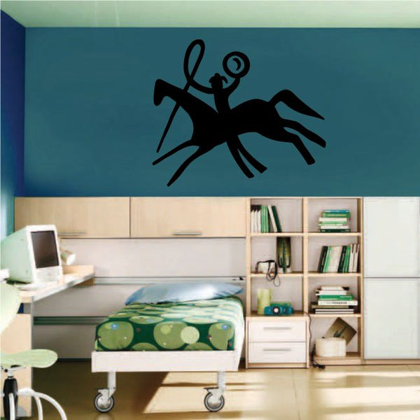Southwestern cowboy lasso wall decal, black horseman silhouette on wall