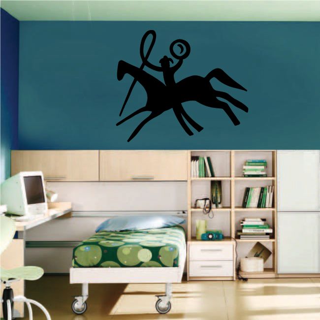 Southwestern cowboy lasso wall decal, black horseman silhouette on wall