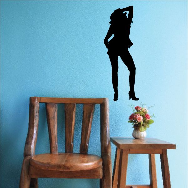 Cowgirl wall decal vinyl silhouette of a standing cowgirl in hat, boots, and dress