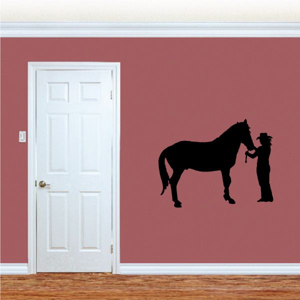 Cowgirl wall decal of black horse with rider silhouette