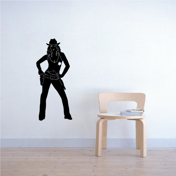 Black cowgirl wall decal silhouette with hat, stars, hands on hips