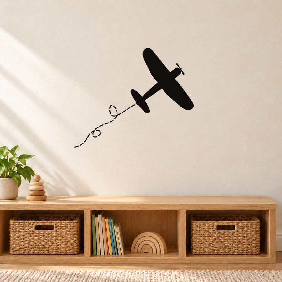 Black fighter plane wall decal with dotted flight path