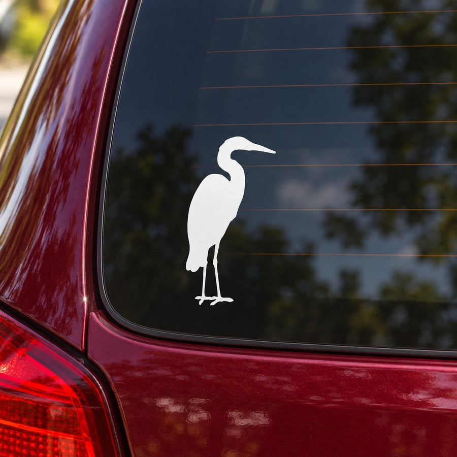 White crane silhouette decal for car window, relaxed standing pose.