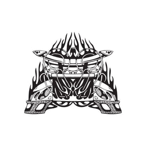 Flames and robot face graphic decal in black and white
