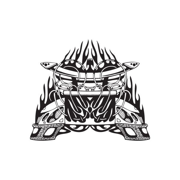 Flames and robot face graphic decal in black and white