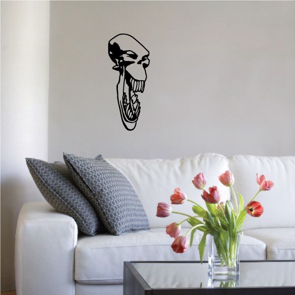 Long skull wall decal, black gothic face silhouette with decorative lines