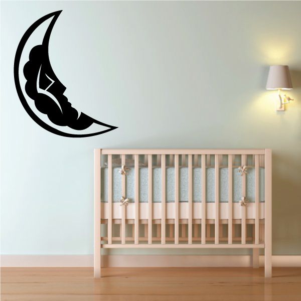 Crescent moon sleeping wall decal, black silhouette with stars