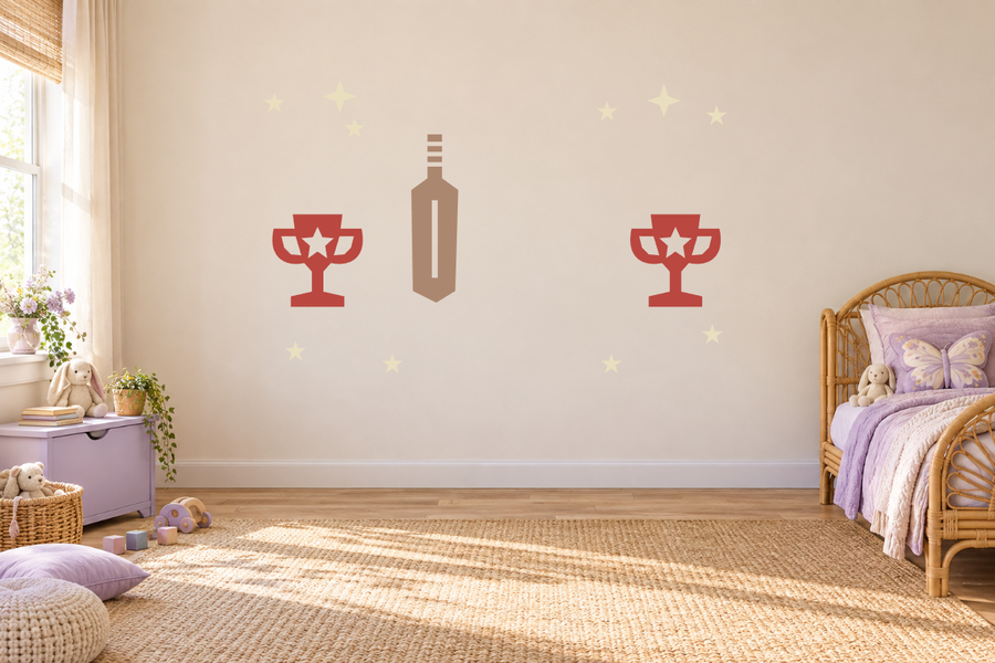 Cricket-themed wall decal kit with trophies, stumps, and star sparkles
