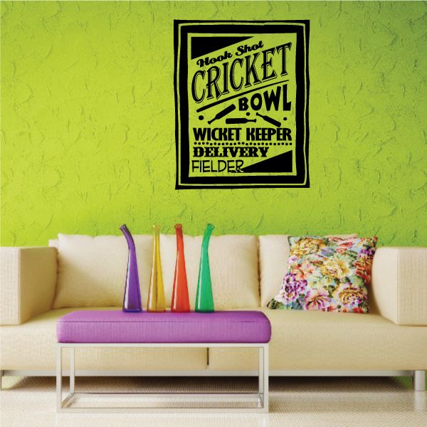 Cricket word collage decal, black square border with bat and layered text.