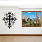 Black cross wall decal with crown and ornate floral accents