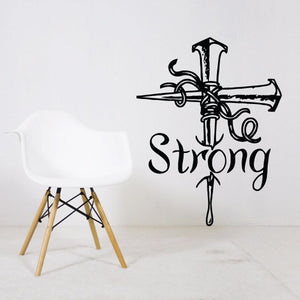 Nails cross wall decal with drips and the word “Strong”
