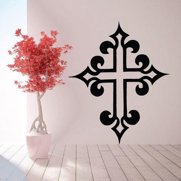 Black ornamental cross wall decal with scrolling fleur-de-lis design