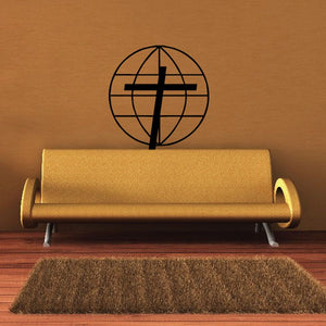 Round world map cross decal with black globe and vertical cross