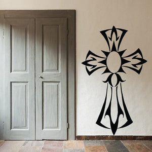 Black cross sun wall decal with ornate starburst cross design