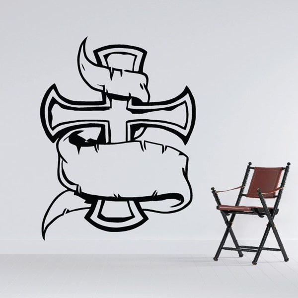 Cross banner decal with bold black-and-white outline and scroll banner