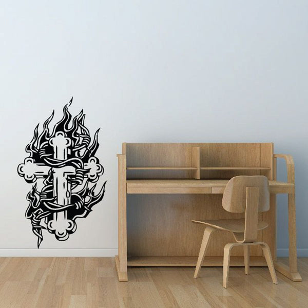 Cross and barbed wire wall decal, black and white