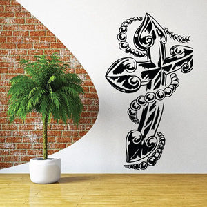 Beaded cross wall decal, black tribal-style outline