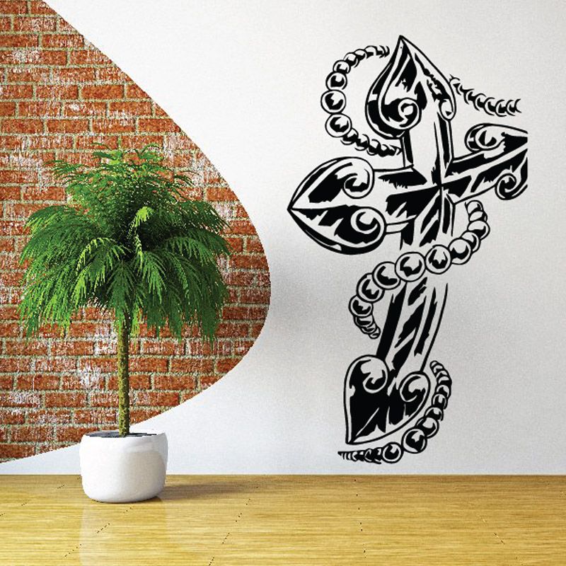 Beaded cross wall decal, black tribal-style outline
