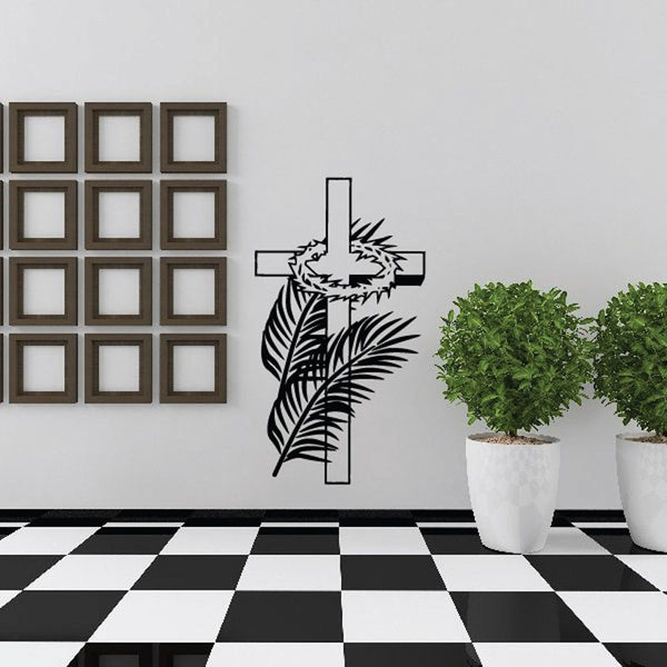 Black cross decal with crown of thorns and palm leaves