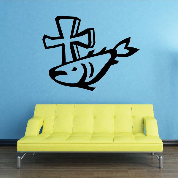 Cross and fish wall decal, black silhouette with banner-like details