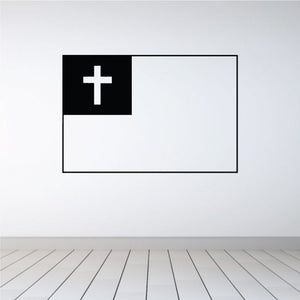 Flag decal with white cross on dark left half and white right half