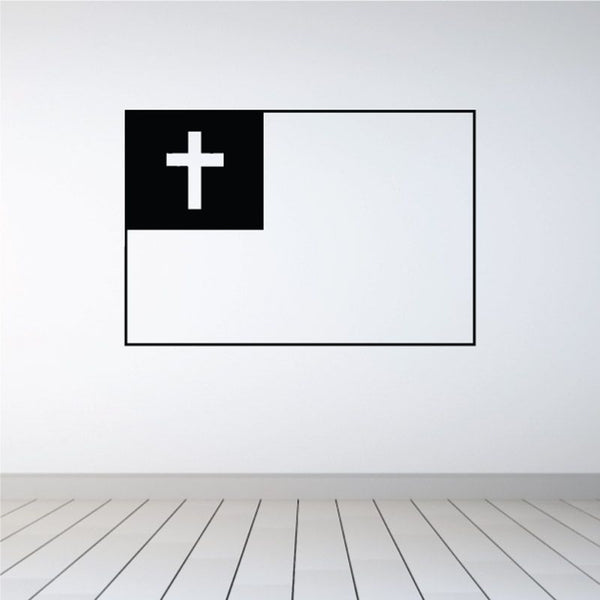 Flag decal with white cross on dark left half and white right half