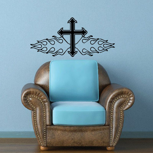 Black cross with flame-style wings vinyl decal