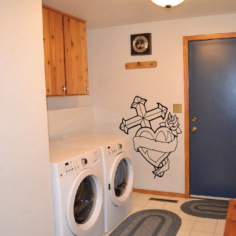 Black cross and heart wall decal with scroll outline