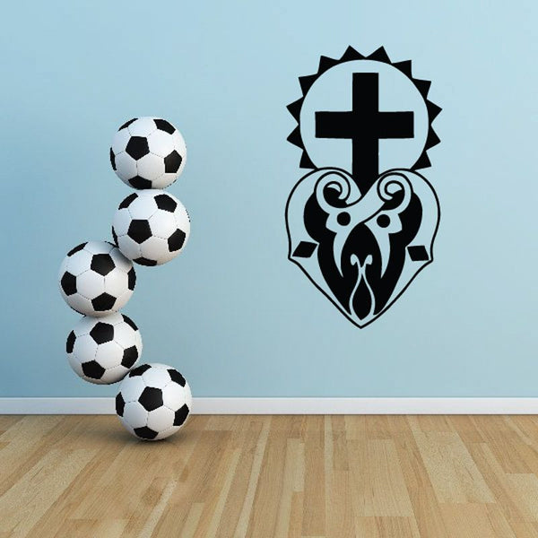 Heart and sun wall decal with cross icon and decorative outline
