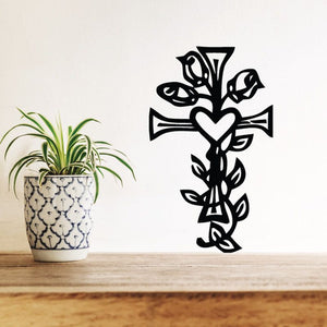 Black cross wall decal with heart and vine leaf details