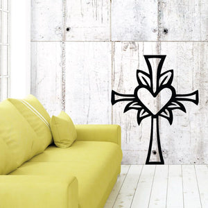 Black cross and heart decal with floral accents