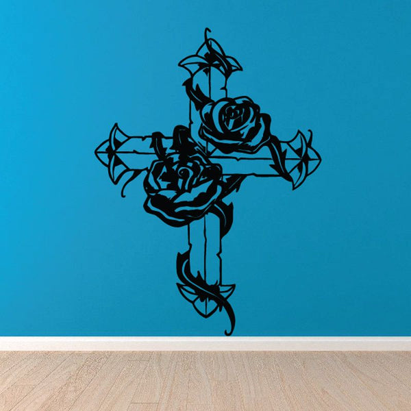 Black cross wall decal with rose vines and rose bouquet, decorative floral design