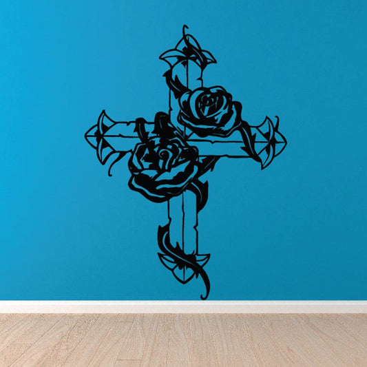 Image of Cross with Rose Vine Decal