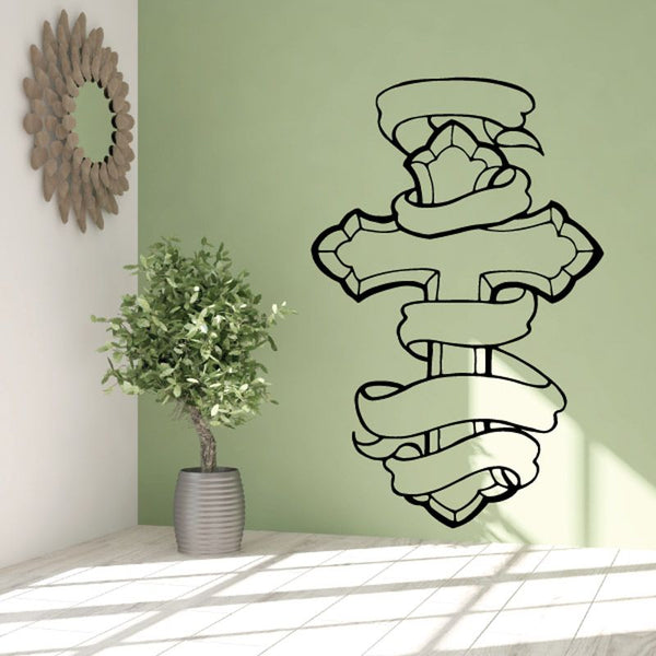 Cross wall decal with wrapped scroll design, black outline