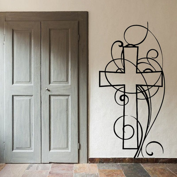 Cross with swirls wall decal in black line art