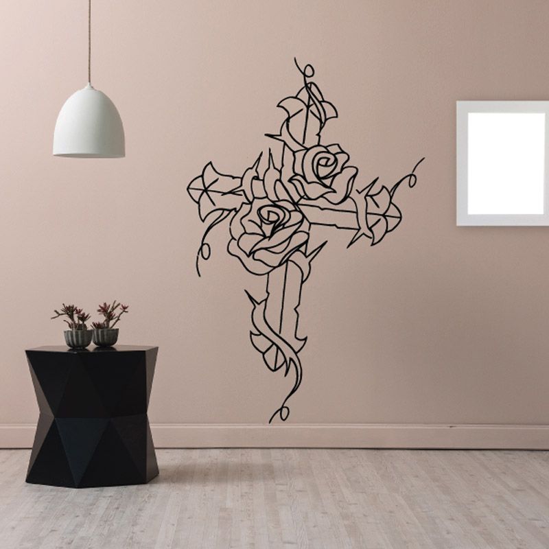Floral cross wall decal with two roses, thin line art