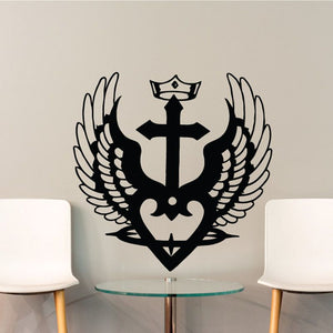 Black heart and crown cross wing wall decal with dagger-like cross center