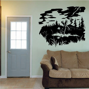 Storm landscape wall decal with cross silhouette, black