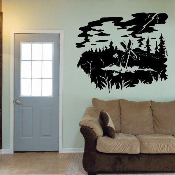 Storm landscape wall decal with cross silhouette, black