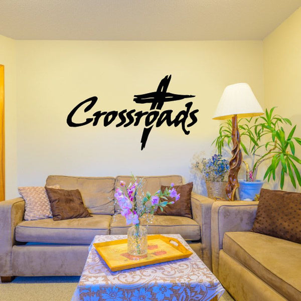 Crossroads wall decal with black cross and script lettering