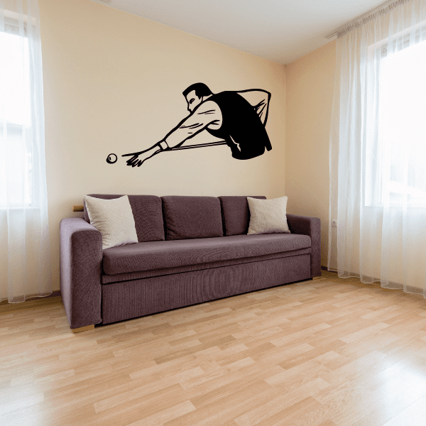 Crouching pool hall player wall decal, black silhouette in cue pose
