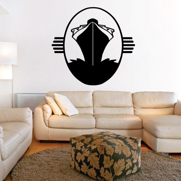 Circular vinyl wall decal with black cruise ship silhouette and waves, white background