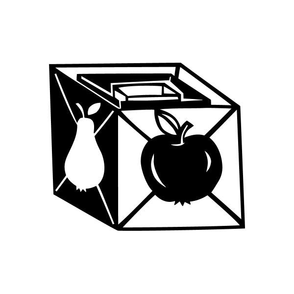 Vinyl decal sticker showing a black-and-white cube with fruit icons