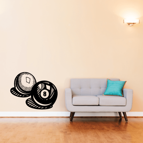 Cue ball and 8 ball wall decal set with black and white pool ball designs