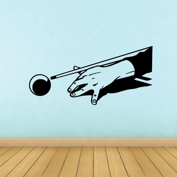 Pool cue ball wall decal with aiming hand and cue stick